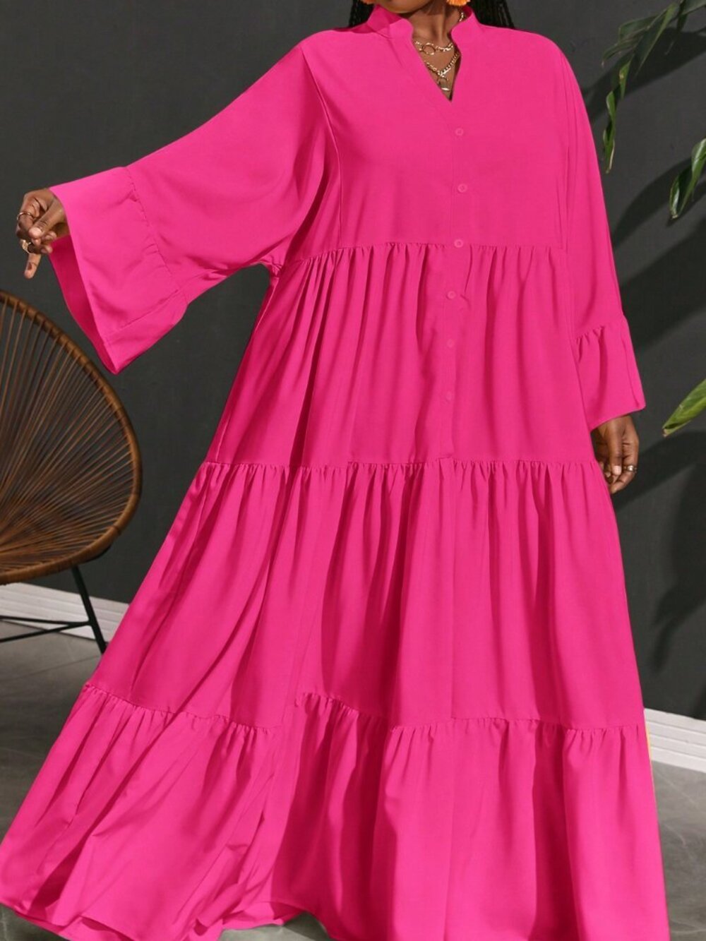 Hot Pink Cute Women's Plus Size Vacation Casual Loose Woven A-Line Shirt Dress - Picture 3 of 8
